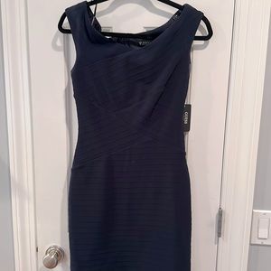 GUESS Blue ribbed off shoulder bodycon midi dress